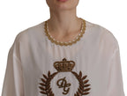 Dolce &amp; Gabbana White Silk Gold DG Crown Crystal Blouse Top