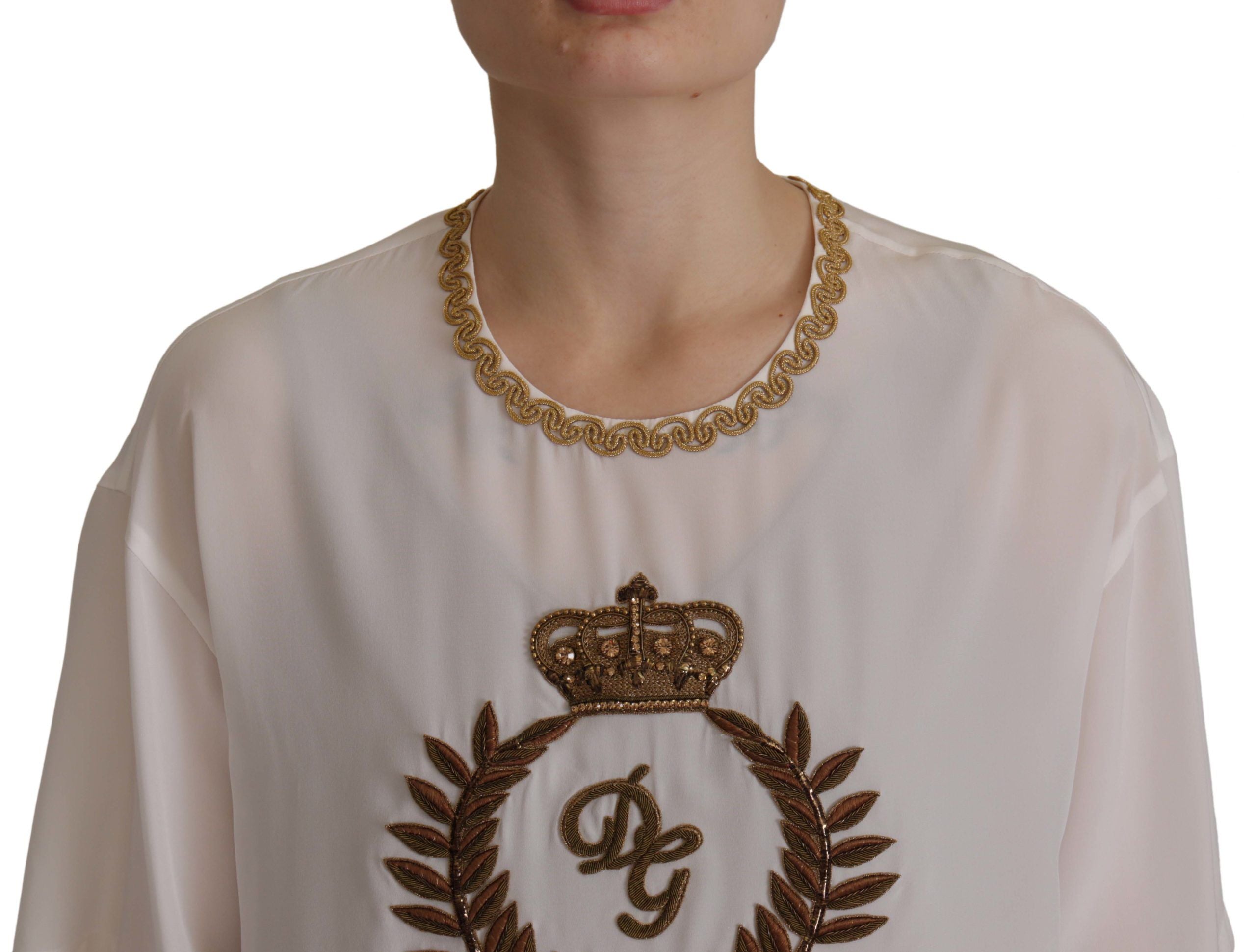 Dolce &amp; Gabbana White Silk Gold DG Crown Crystal Blouse Top