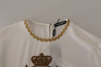 Dolce &amp; Gabbana White Silk Gold DG Crown Crystal Blouse Top