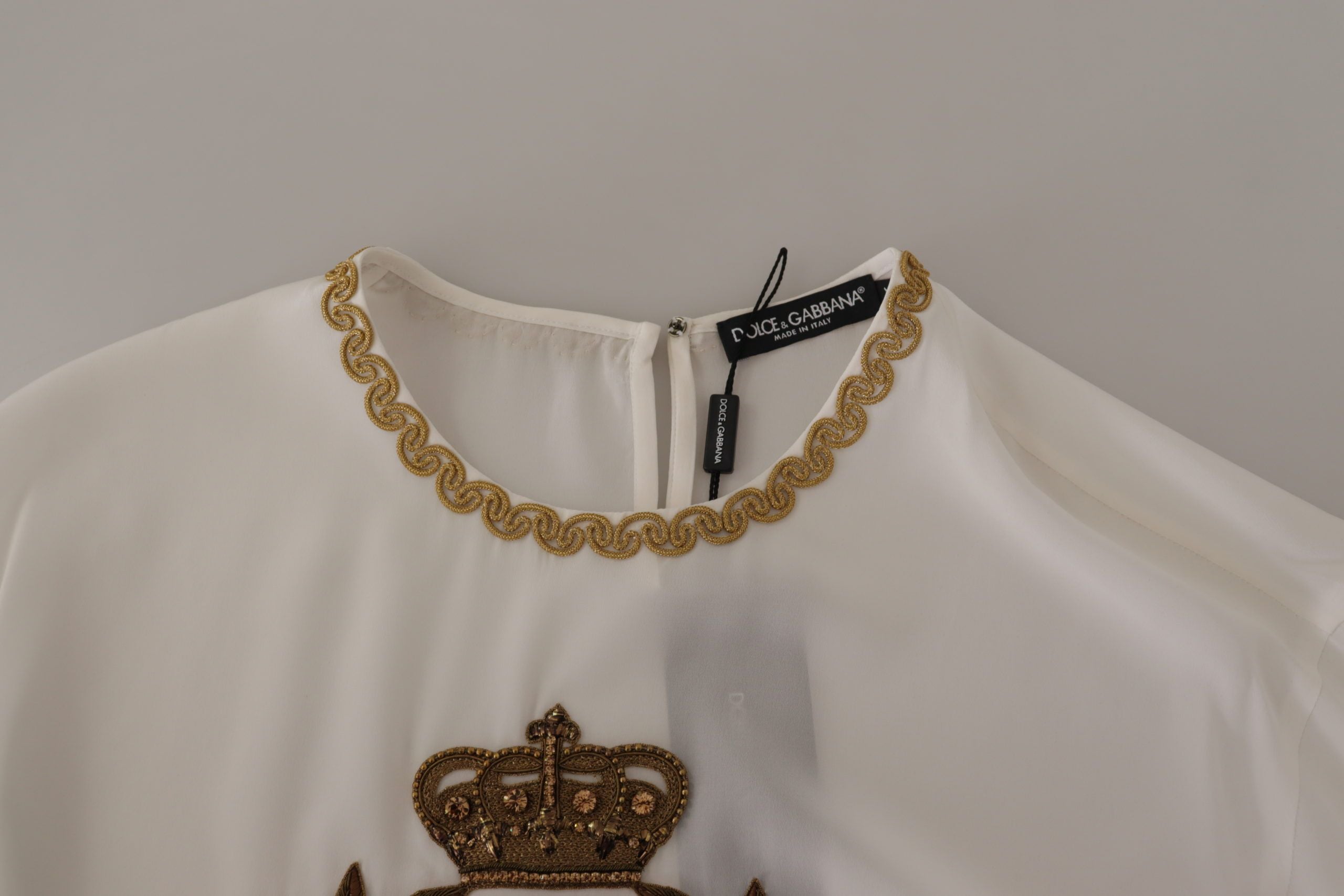 Dolce &amp; Gabbana White Silk Gold DG Crown Crystal Blouse Top