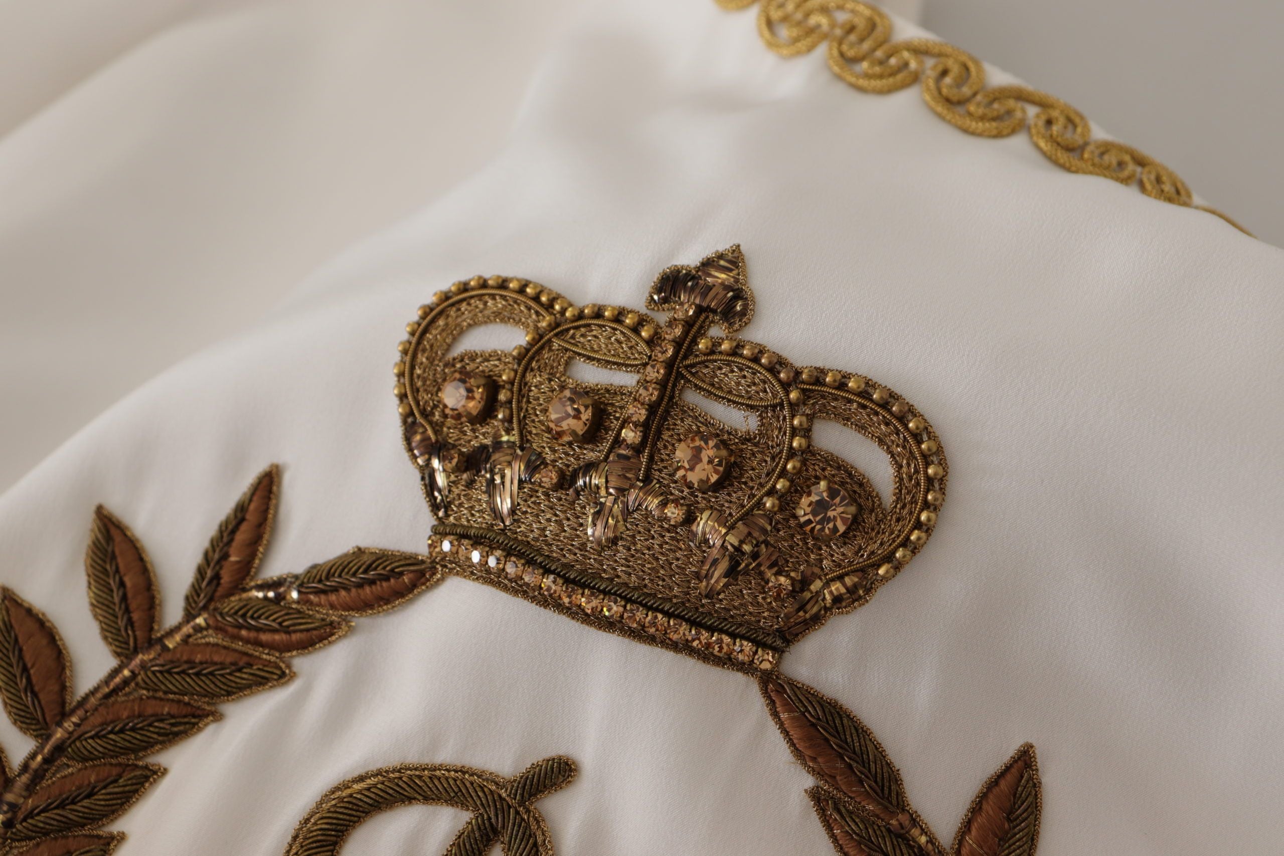 Dolce &amp; Gabbana White Silk Gold DG Crown Crystal Blouse Top