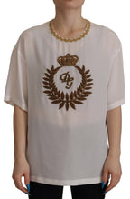 Dolce &amp; Gabbana White Silk Gold DG Crown Crystal Blouse Top