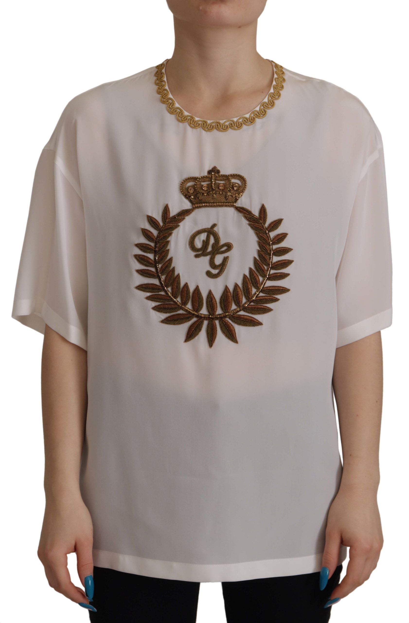 Dolce &amp; Gabbana White Silk Gold DG Crown Crystal Blouse Top