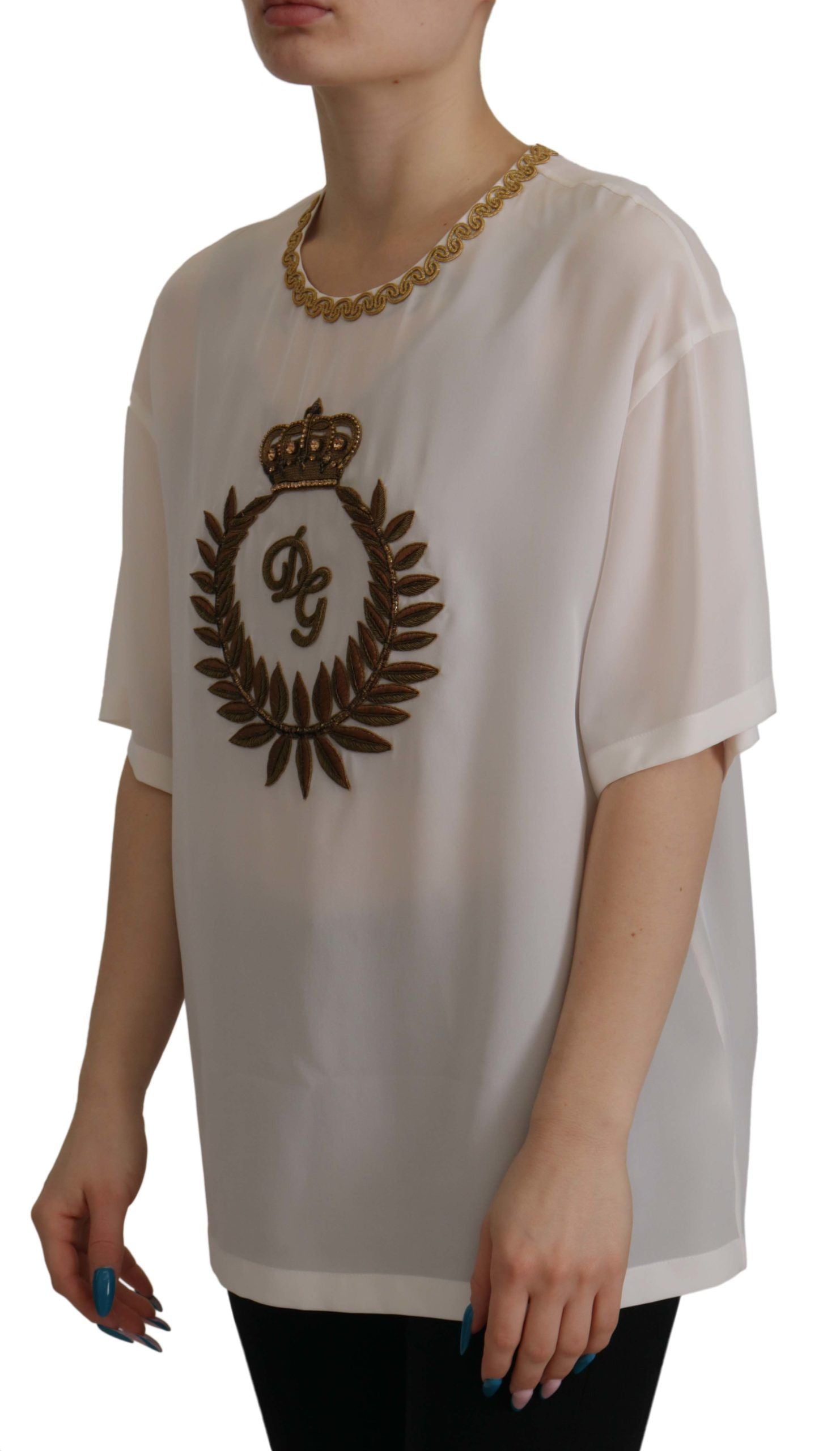 Dolce &amp; Gabbana White Silk Gold DG Crown Crystal Blouse Top