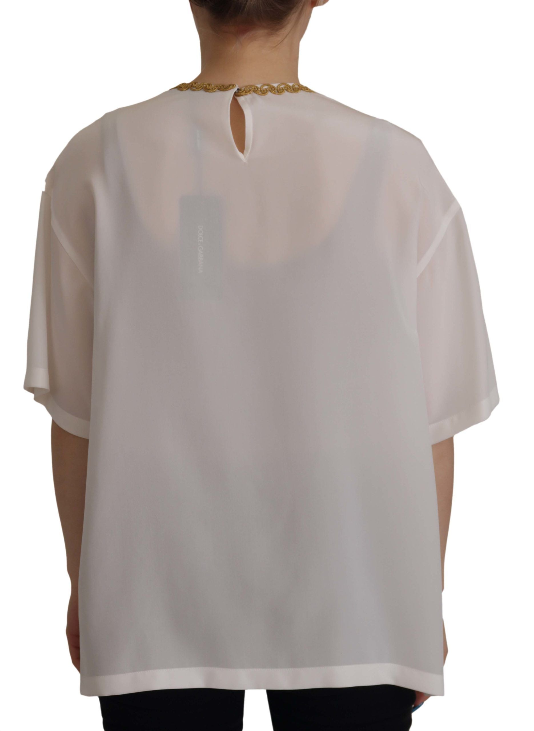 Dolce &amp; Gabbana White Silk Gold DG Crown Crystal Blouse Top