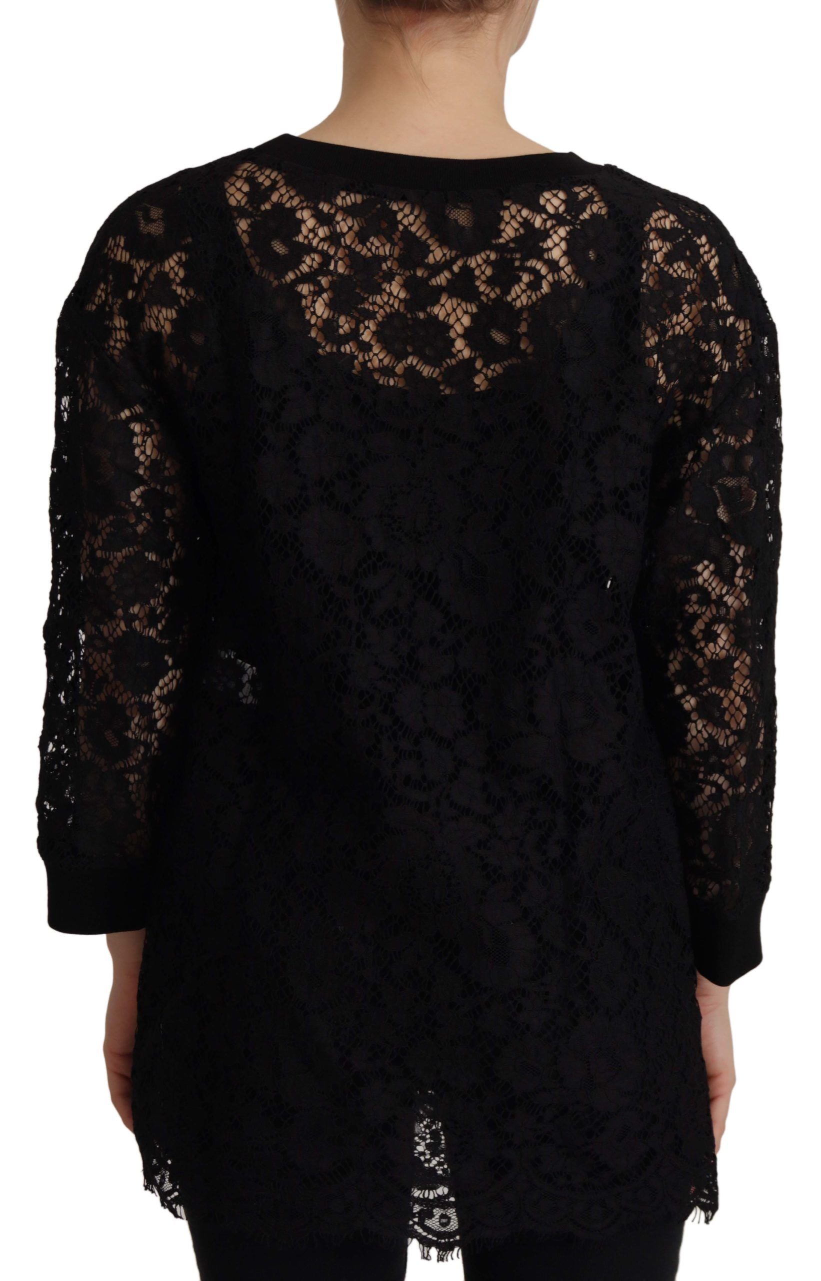 Dolce &amp; Gabbana Black Floral Lace Pullover Sicily Blouse