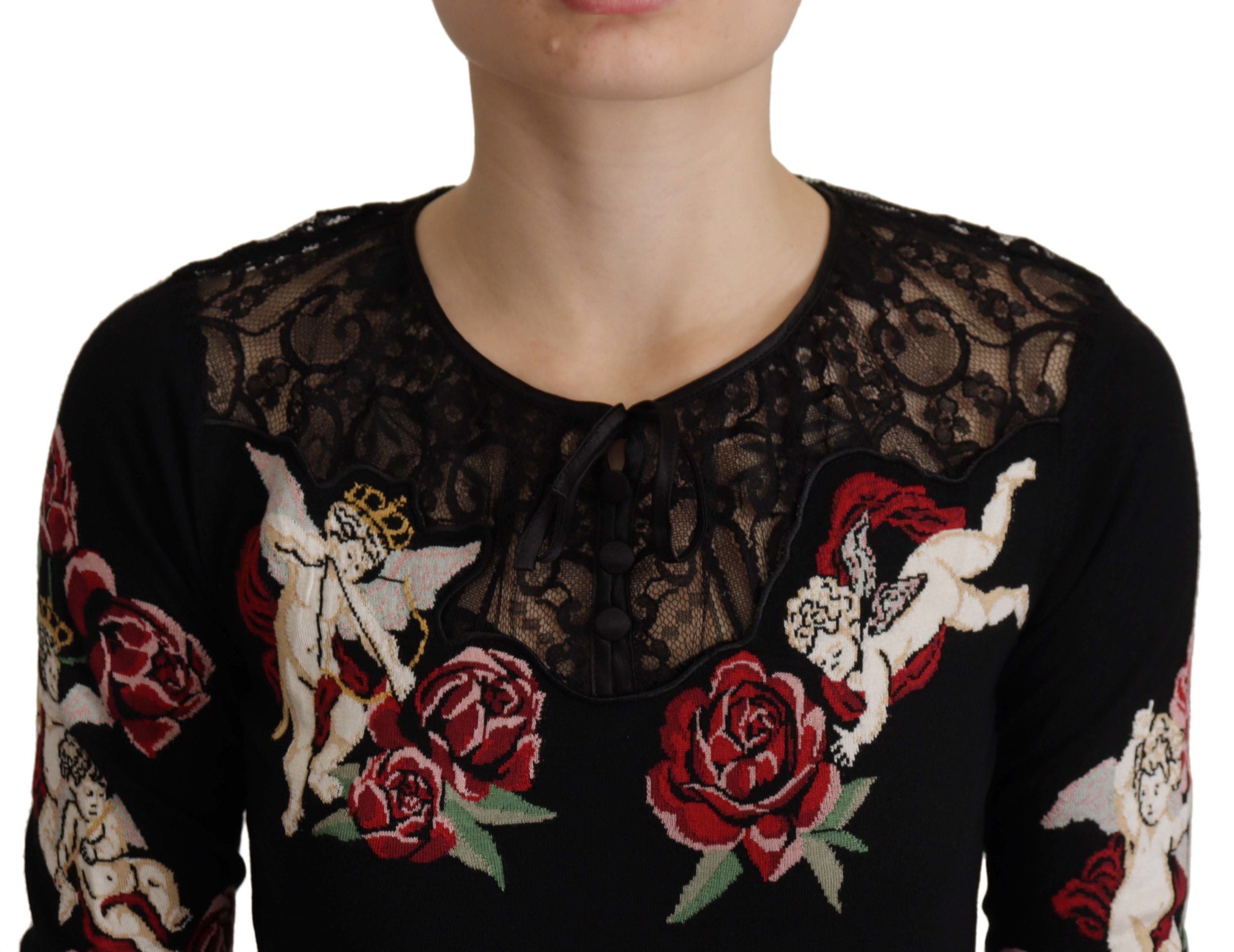 Dolce &amp; Gabbana Black Lace Angel Roses Cardigan Sweater