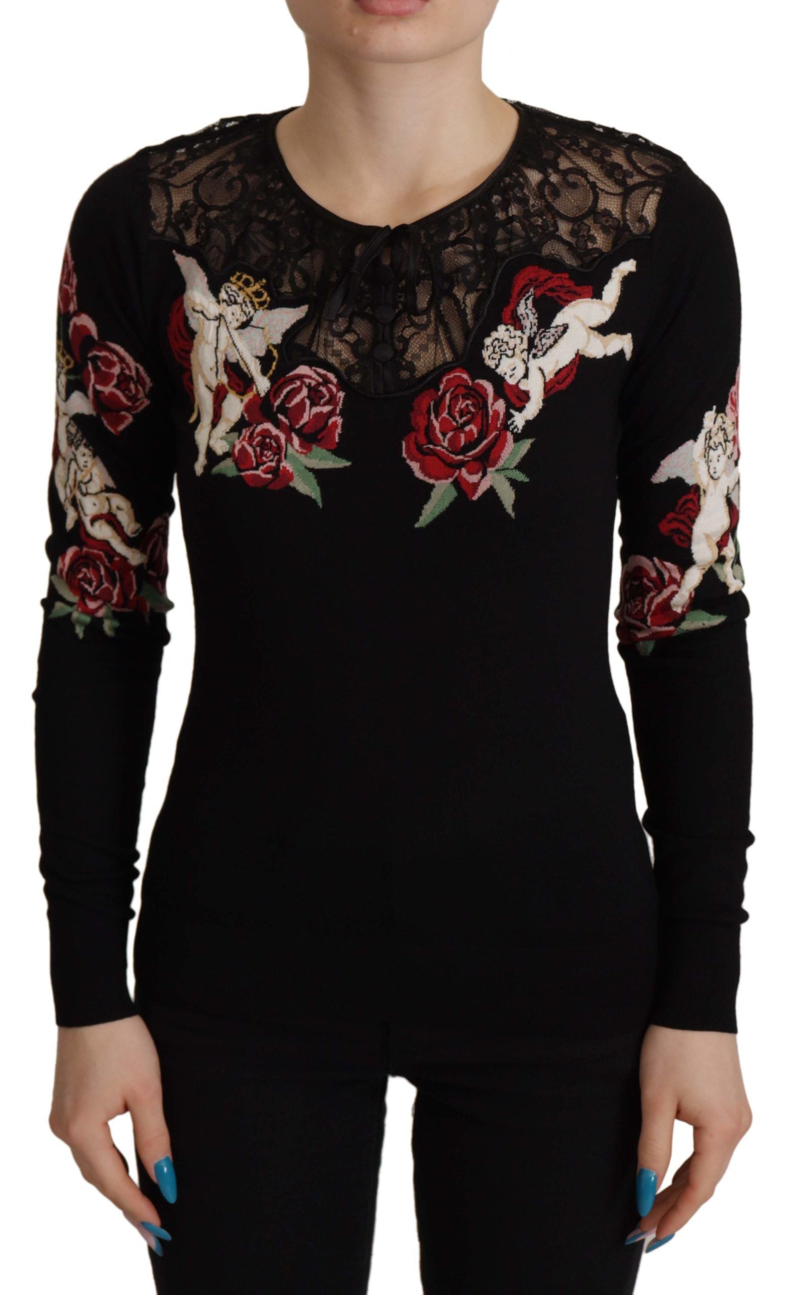 Dolce &amp; Gabbana Black Lace Angel Roses Cardigan Sweater