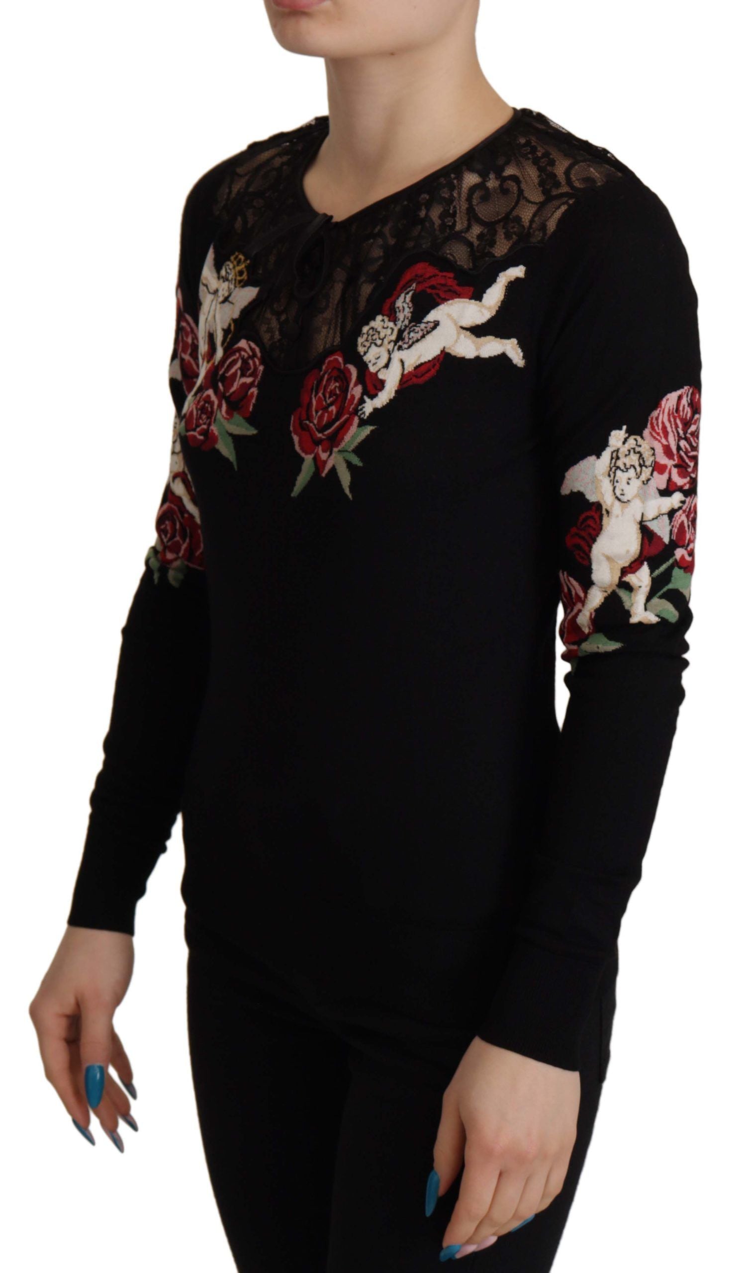 Dolce &amp; Gabbana Black Lace Angel Roses Cardigan Sweater