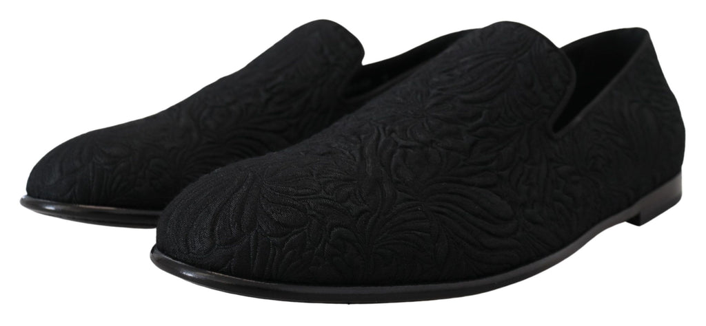 Dolce &amp; Gabbana Black Floral Jacquard Slippers Loafers Shoes