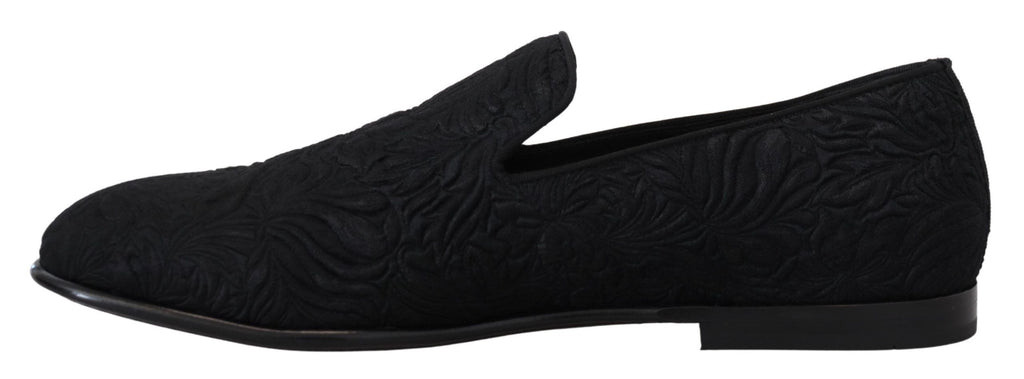 Dolce &amp; Gabbana Black Floral Jacquard Slippers Loafers Shoes