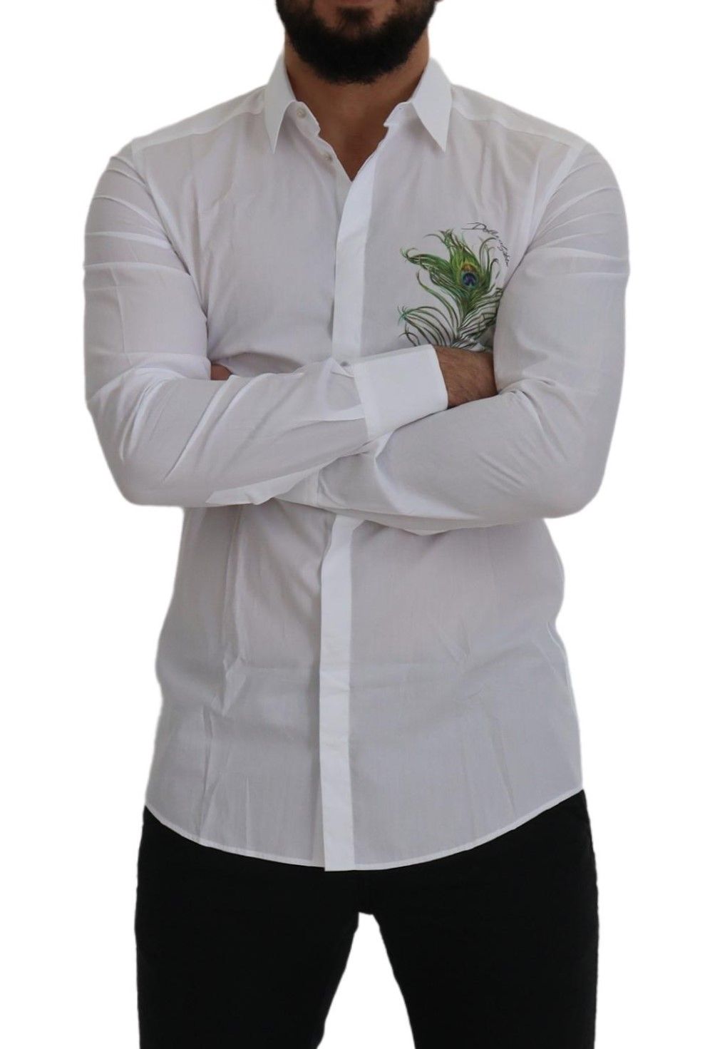 Dolce &amp; Gabbana White Cotton Peacock Feather Formal GOLD Shirt