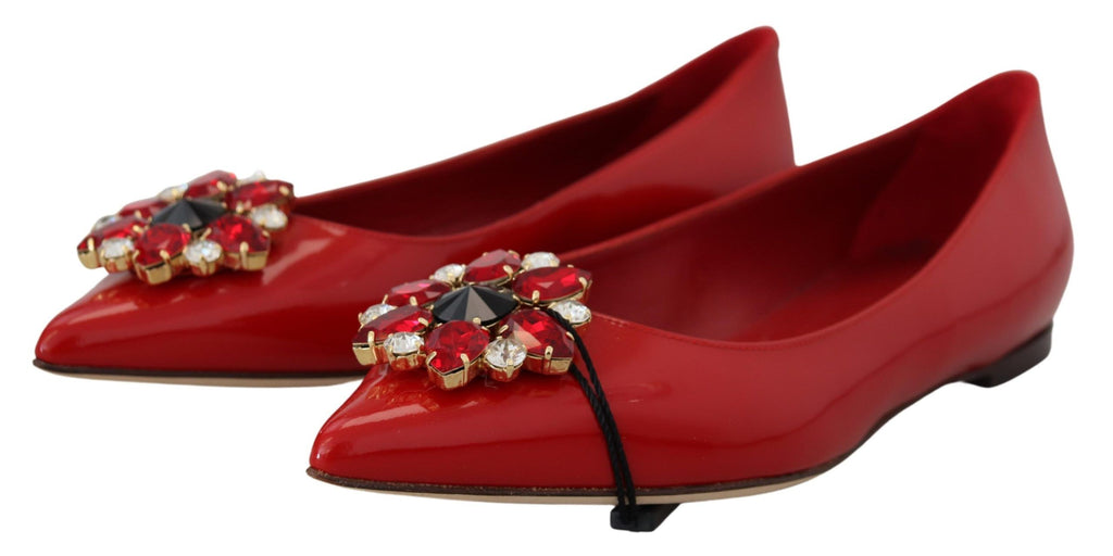 Dolce &amp; Gabbana Red Leather Crystals Loafers Flats Shoes
