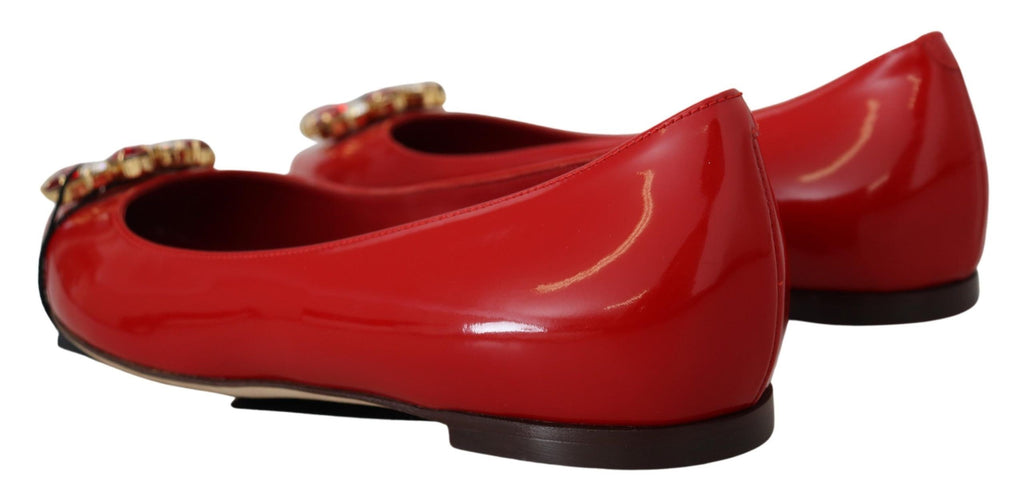 Dolce &amp; Gabbana Red Leather Crystals Loafers Flats Shoes