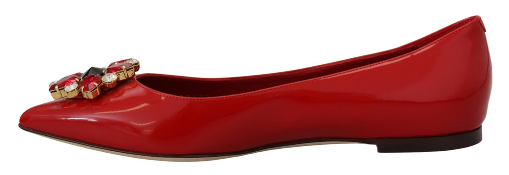 Dolce &amp; Gabbana Red Leather Crystals Loafers Flats Shoes