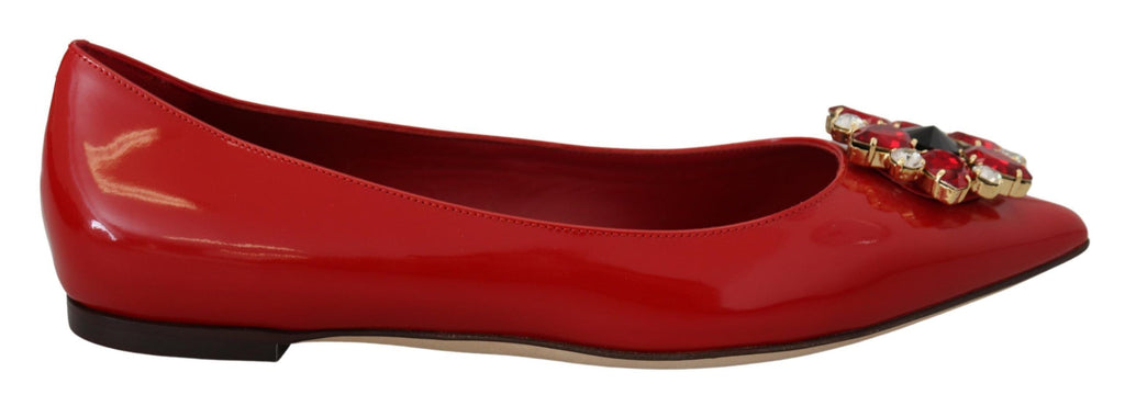 Dolce &amp; Gabbana Red Leather Crystals Loafers Flats Shoes