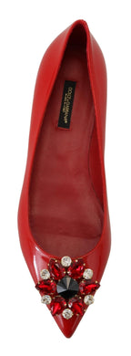 Dolce &amp; Gabbana Red Leather Crystals Loafers Flats Shoes