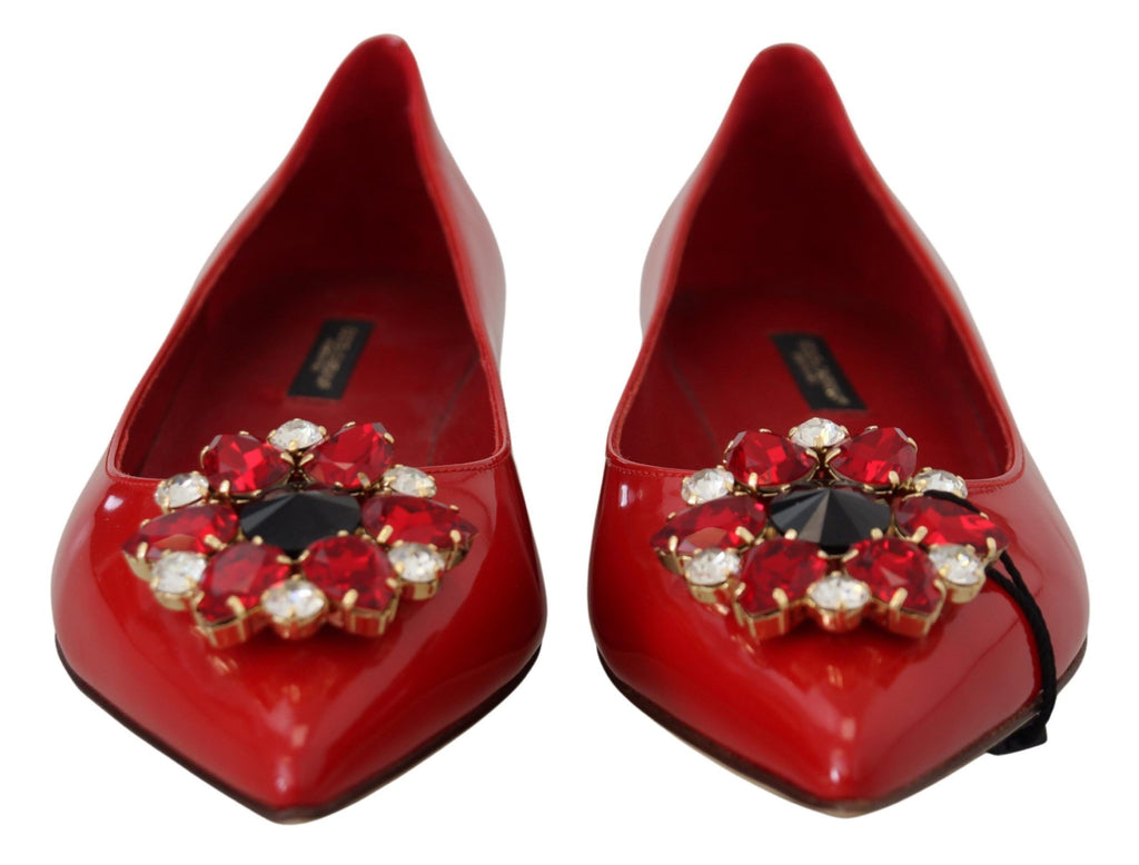 Dolce &amp; Gabbana Red Leather Crystals Loafers Flats Shoes