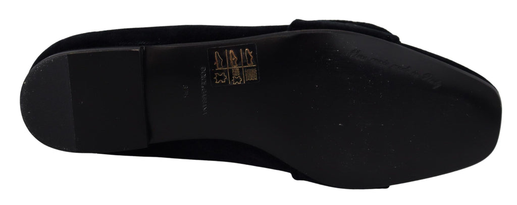 Dolce &amp; Gabbana Black Velvet Crystals Loafers Flats Shoes