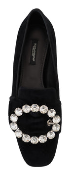 Dolce &amp; Gabbana Black Velvet Crystals Loafers Flats Shoes