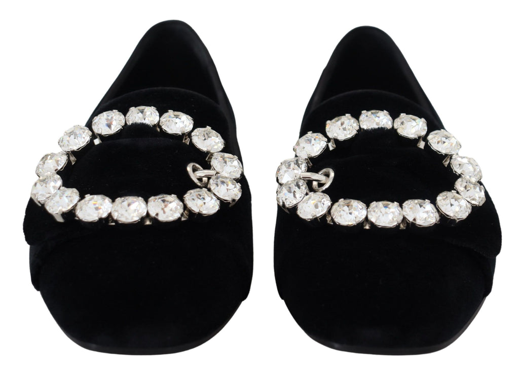 Dolce &amp; Gabbana Black Velvet Crystals Loafers Flats Shoes