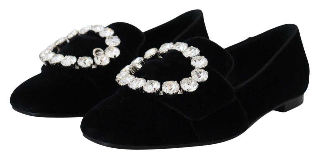 Dolce &amp; Gabbana Black Velvet Crystals Loafers Flats Shoes