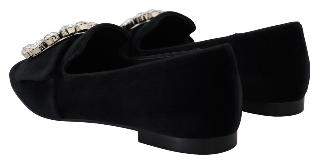 Dolce &amp; Gabbana Black Velvet Crystals Loafers Flats Shoes