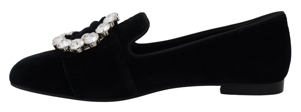 Dolce &amp; Gabbana Black Velvet Crystals Loafers Flats Shoes