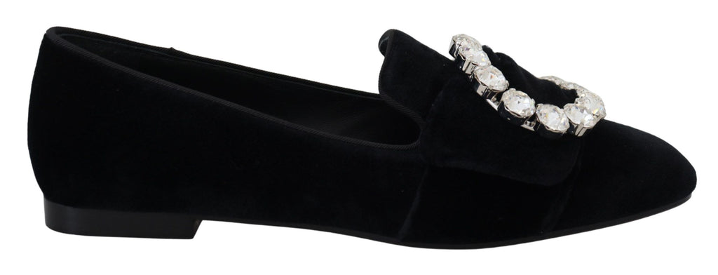 Dolce &amp; Gabbana Black Velvet Crystals Loafers Flats Shoes