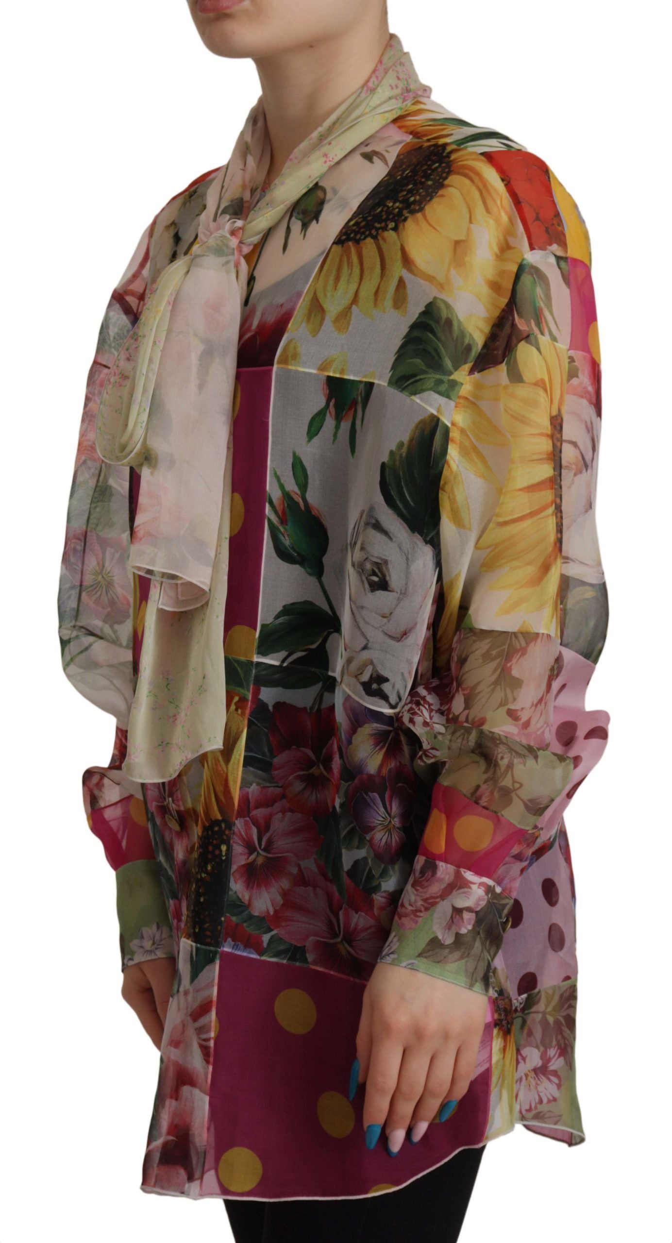 Dolce &amp; Gabbana Multicolor Ascot Collar Patchwork Blouse Top