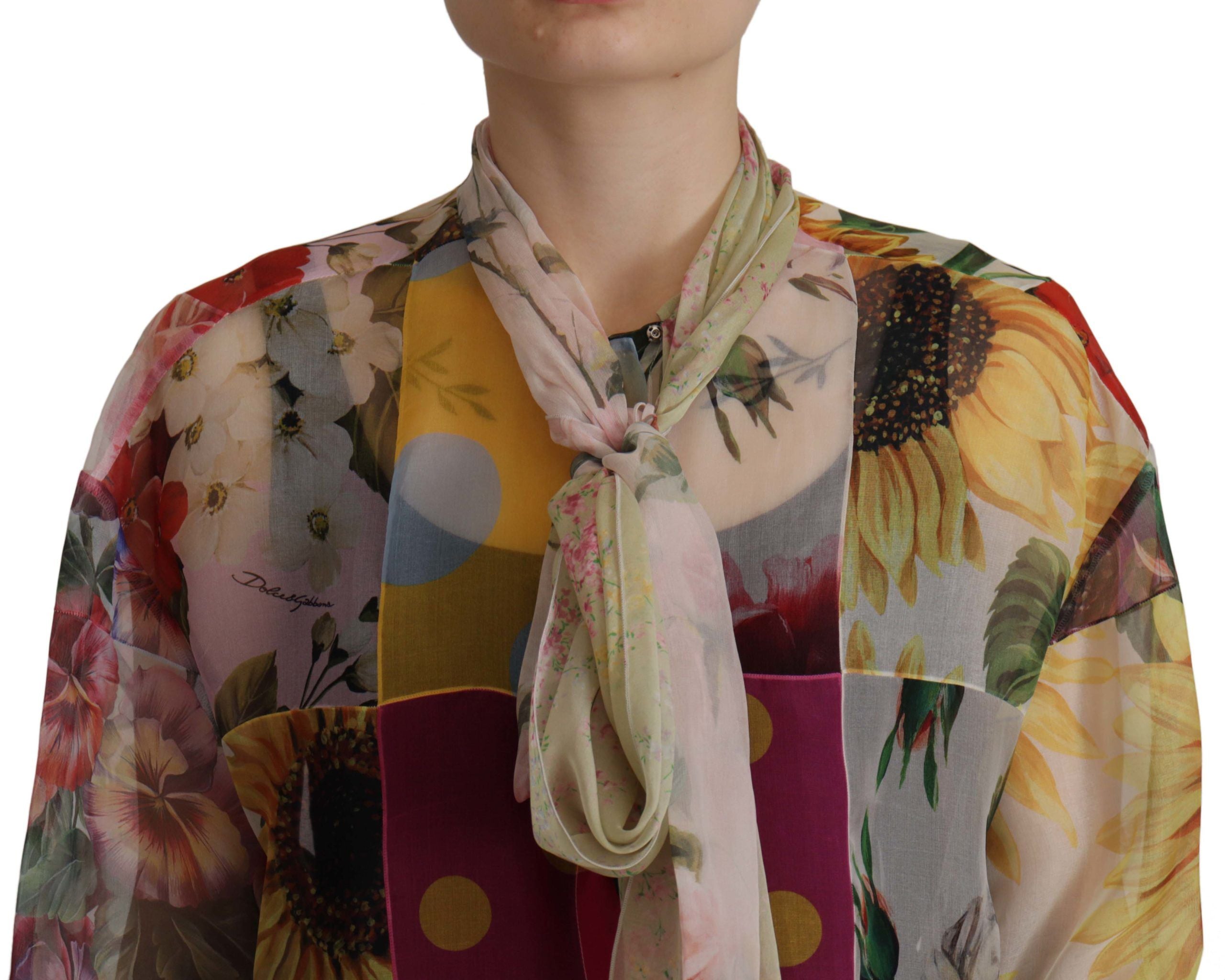 Dolce &amp; Gabbana Multicolor Ascot Collar Patchwork Blouse Top