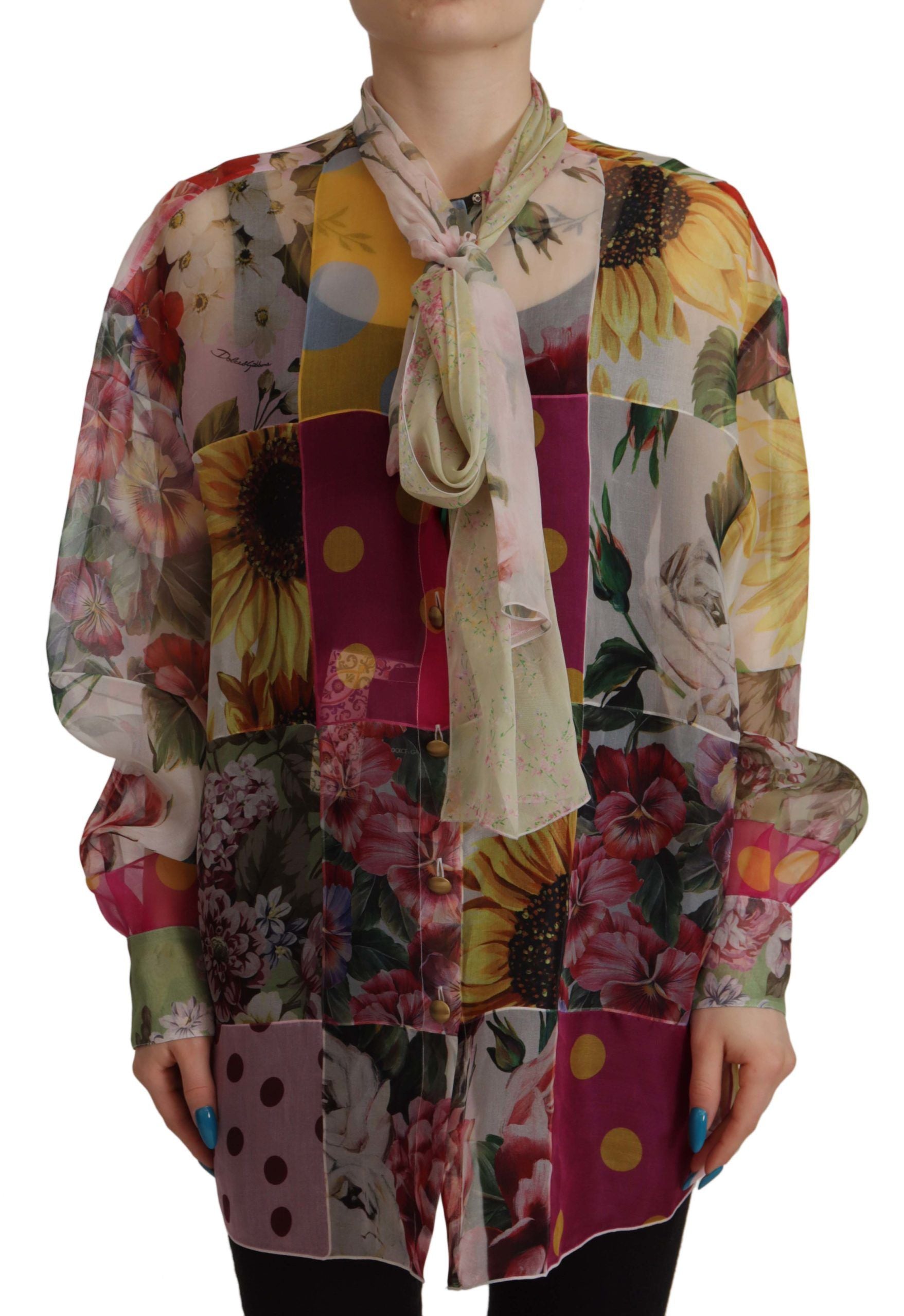 Dolce &amp; Gabbana Multicolor Ascot Collar Patchwork Blouse Top