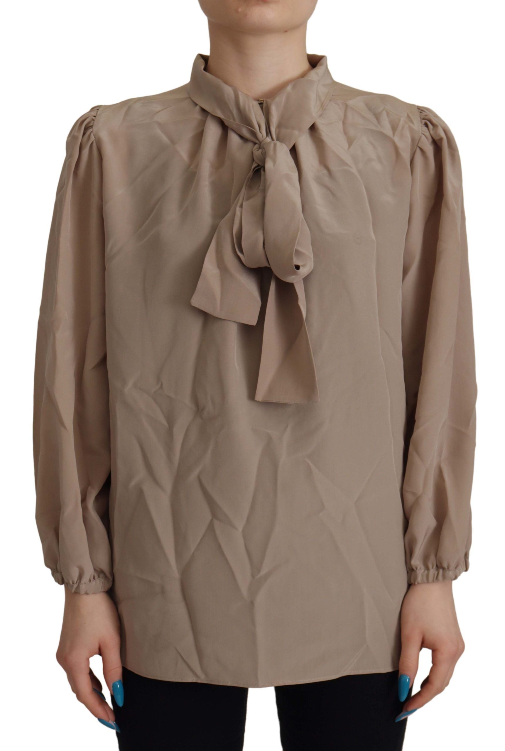 Dolce &amp; Gabbana Brown Waistband Sleeves Ascot Collar Top Blouse