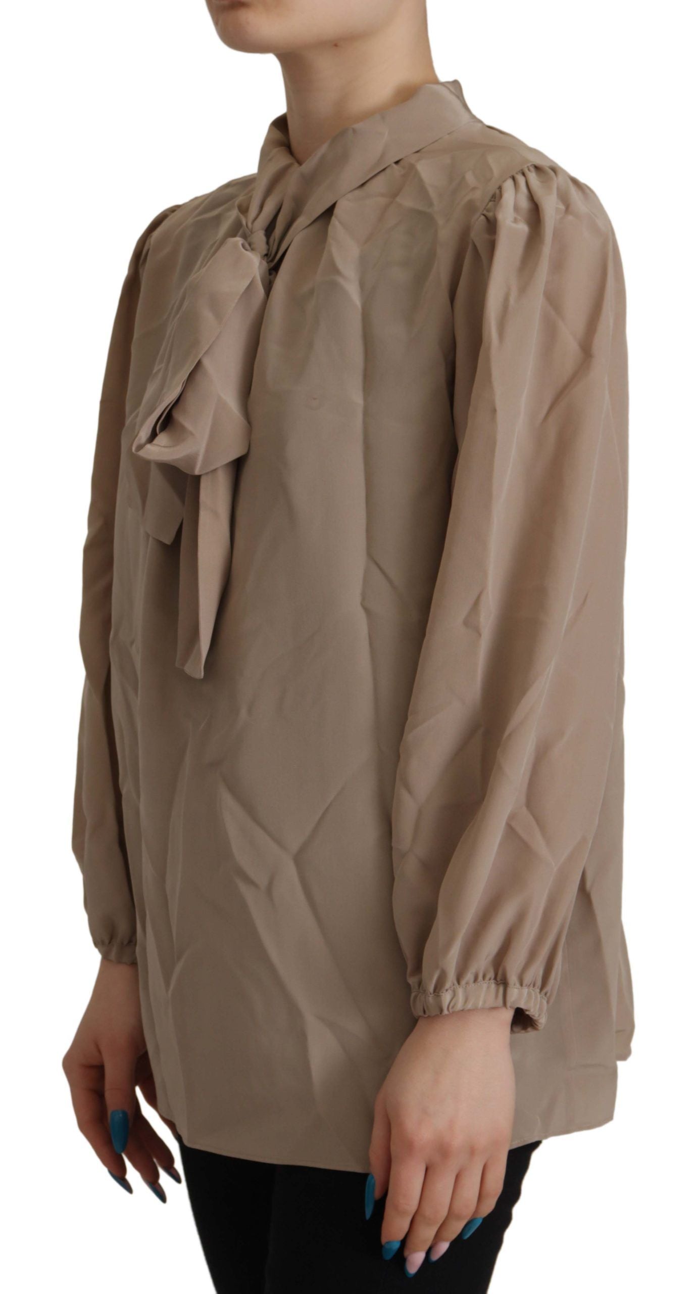 Dolce &amp; Gabbana Brown Waistband Sleeves Ascot Collar Top Blouse