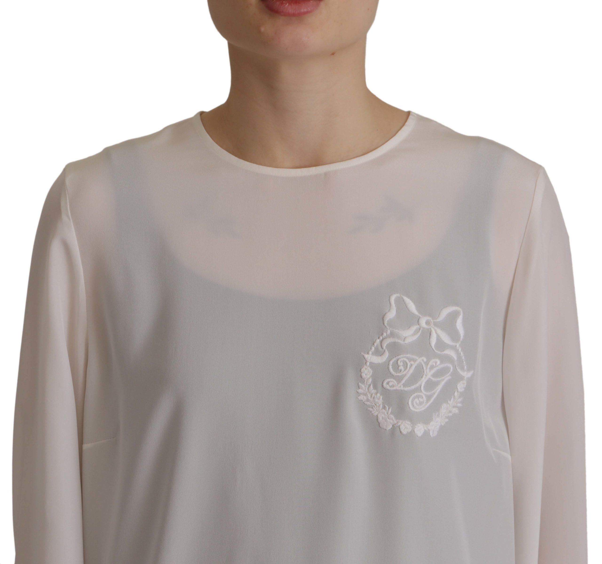 Dolce &amp; Gabbana White Silk DG Logo Embroidered Long Sleeves Blouse