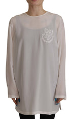 Dolce &amp; Gabbana White Silk DG Logo Embroidered Long Sleeves Blouse
