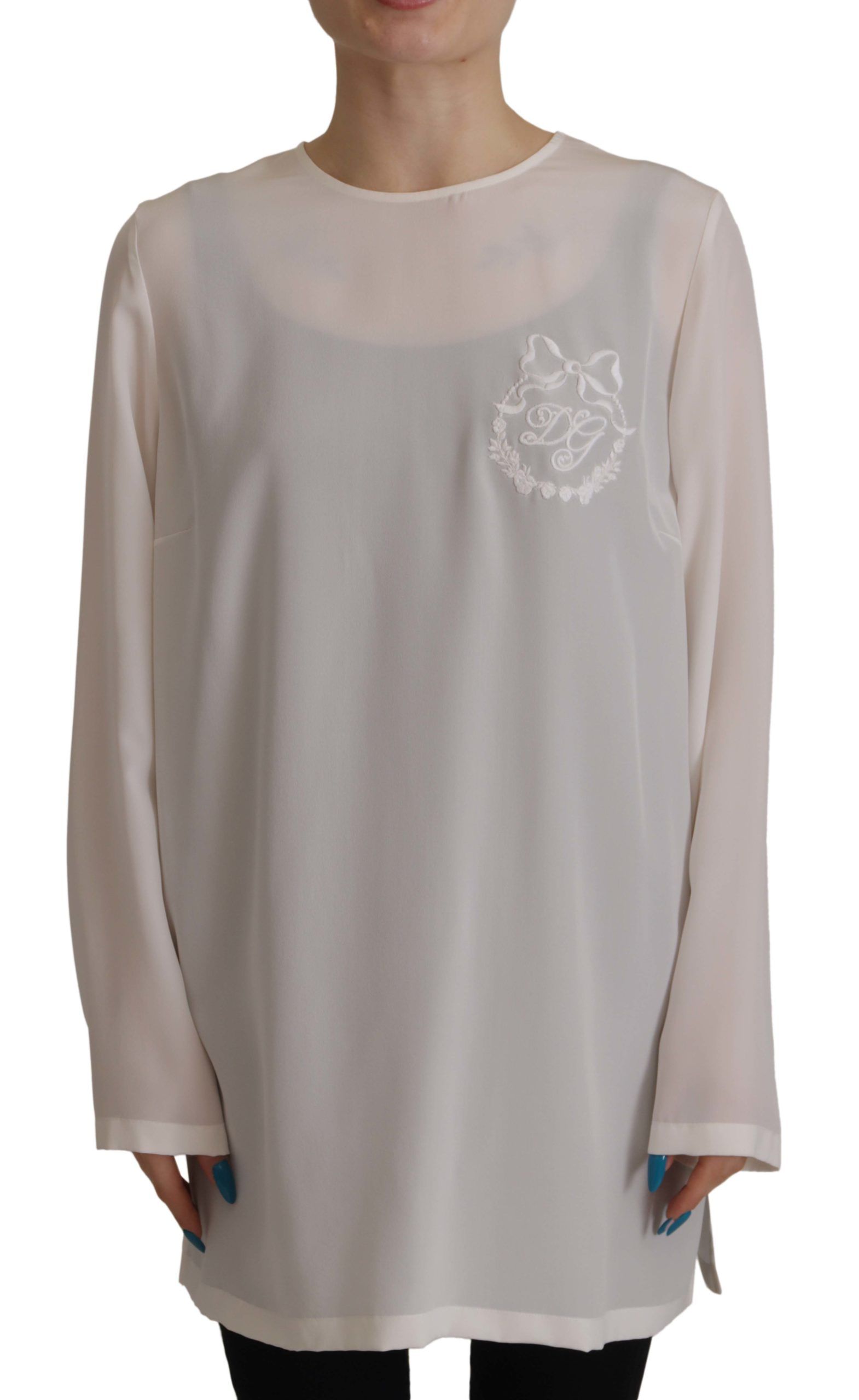 Dolce &amp; Gabbana White Silk DG Logo Embroidered Long Sleeves Blouse