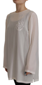 Dolce &amp; Gabbana White Silk DG Logo Embroidered Long Sleeves Blouse