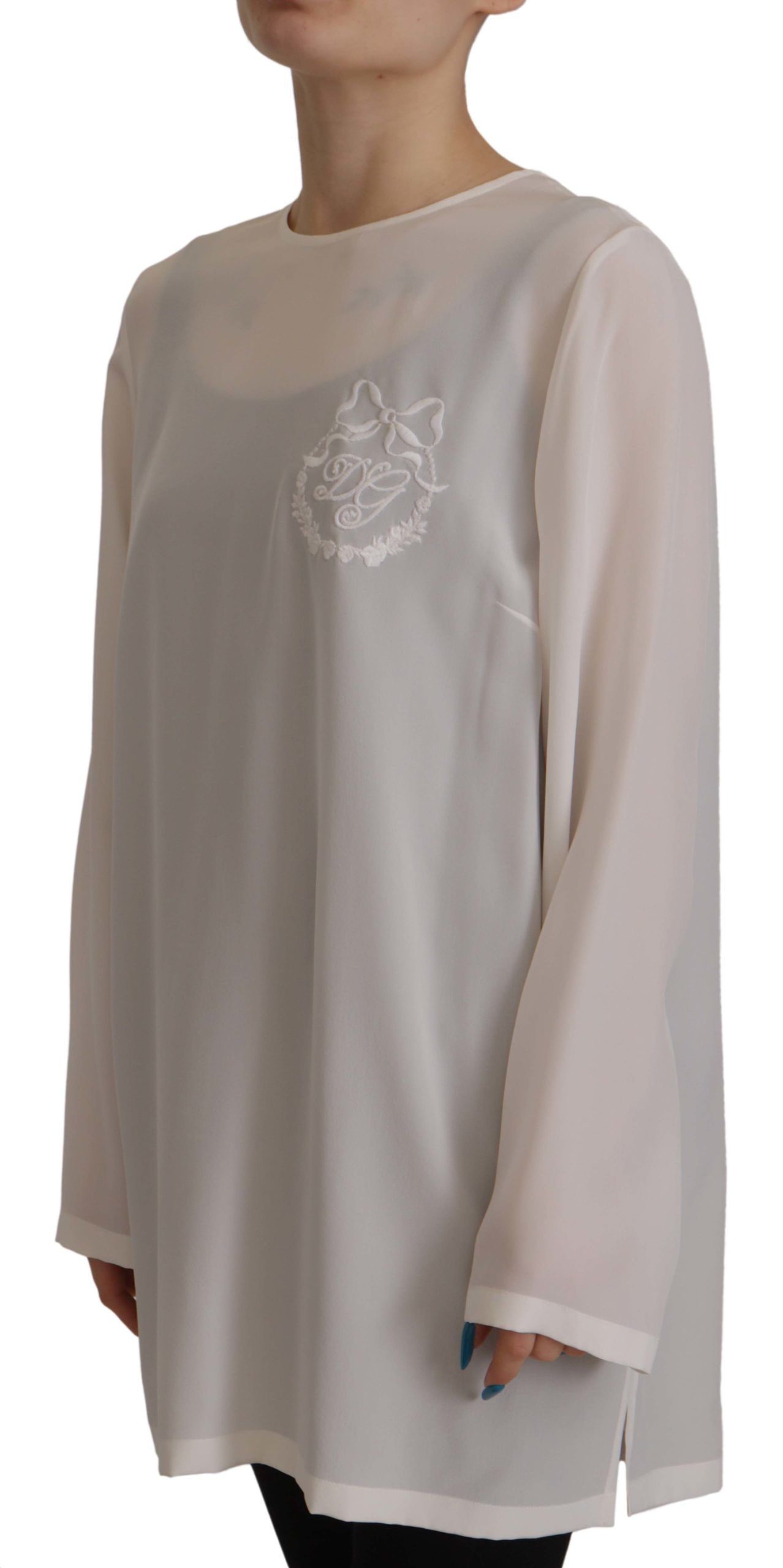 Dolce &amp; Gabbana White Silk DG Logo Embroidered Long Sleeves Blouse