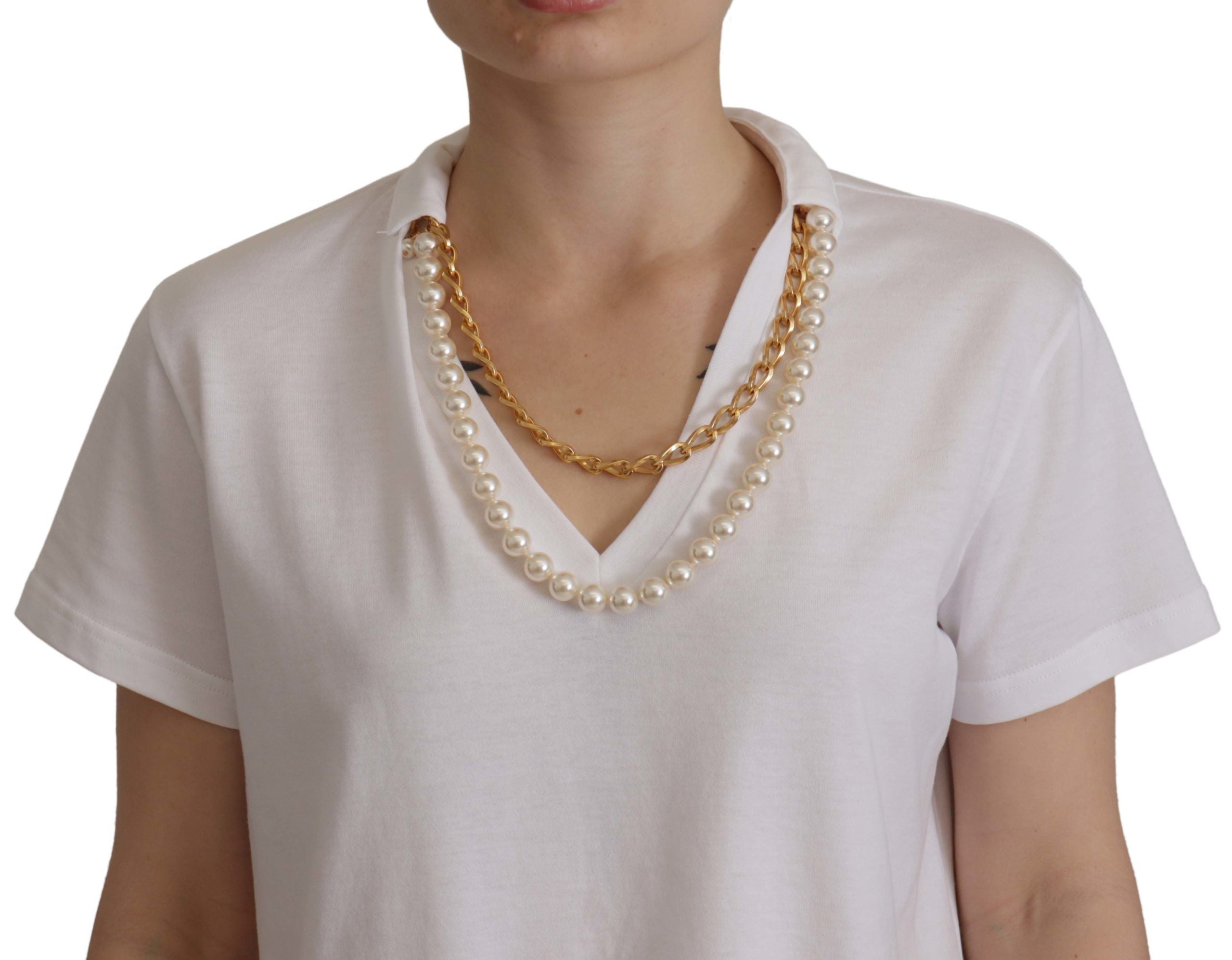 Dolce &amp; Gabbana White Necklace Embellished Neckline T-shirt Top