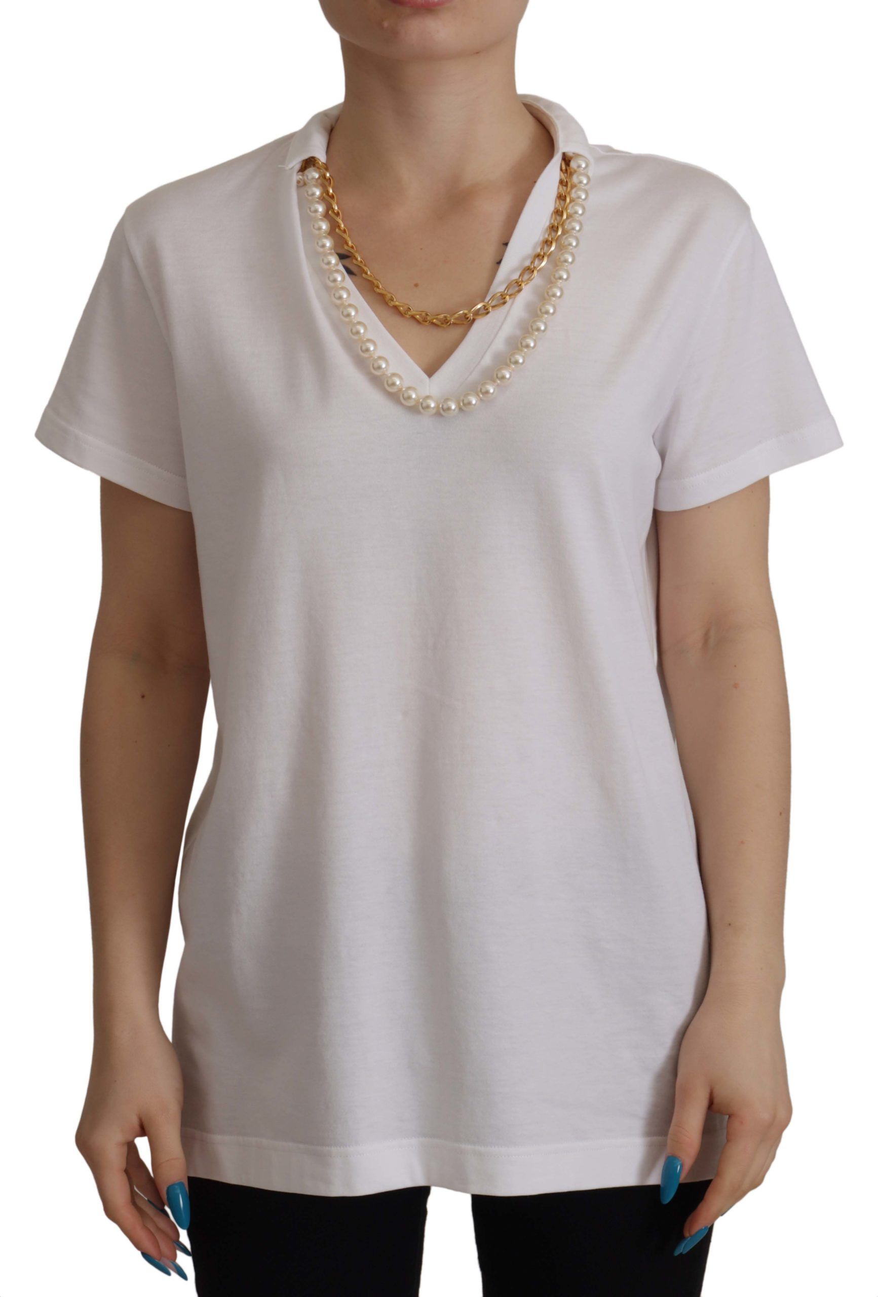 Dolce &amp; Gabbana White Necklace Embellished Neckline T-shirt Top