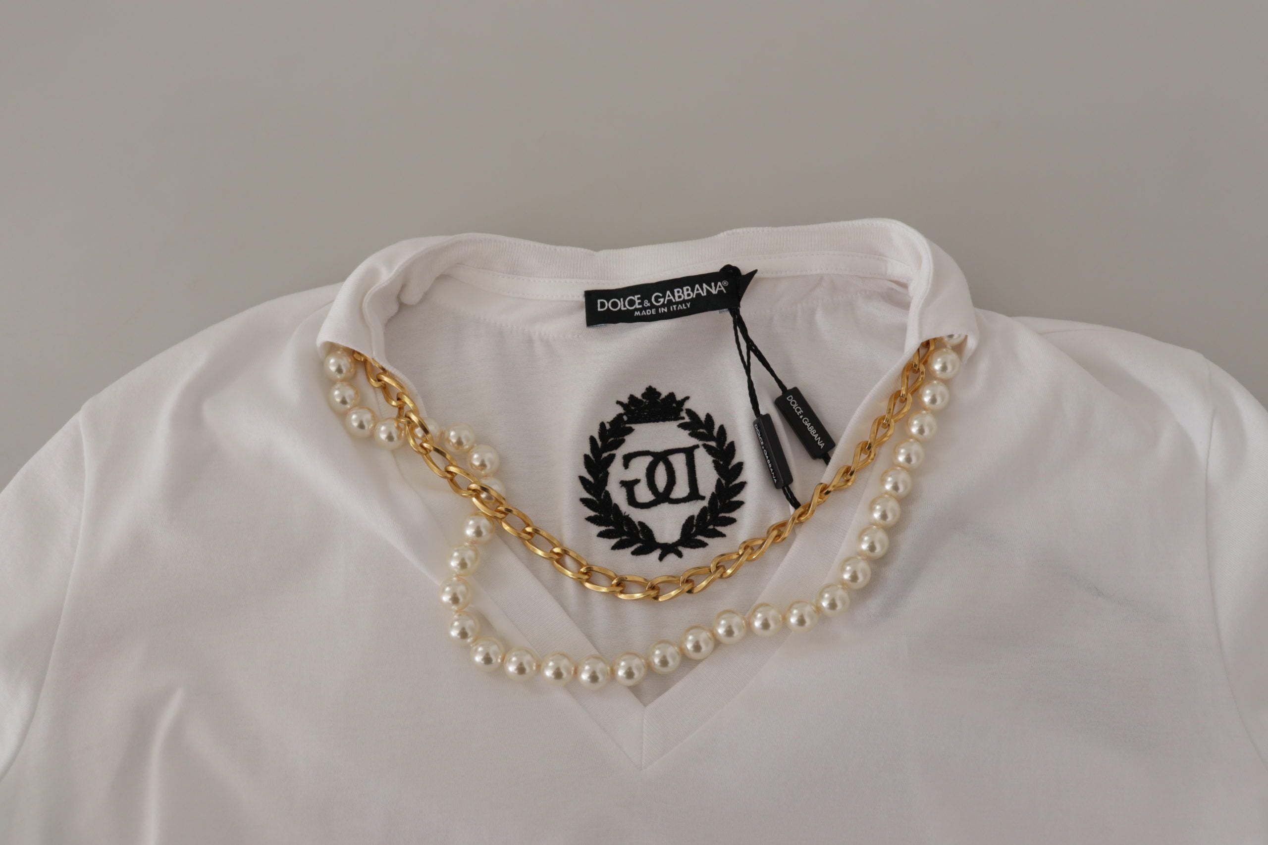 Dolce &amp; Gabbana White Necklace Embellished Neckline T-shirt Top