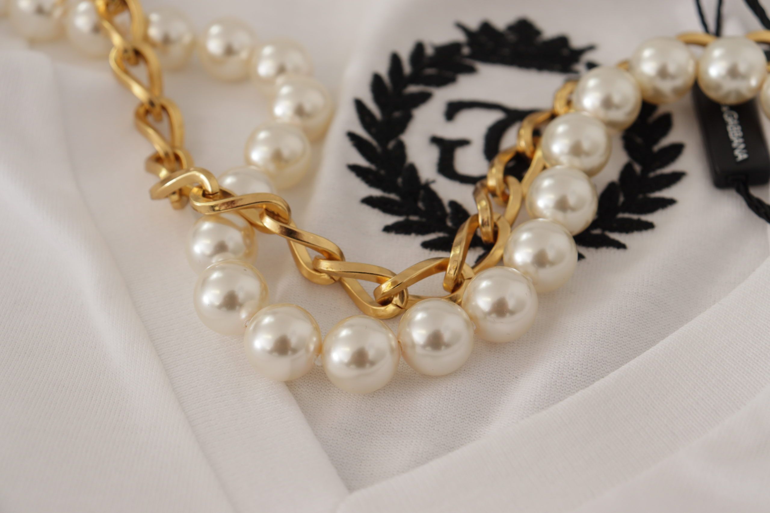 Dolce &amp; Gabbana White Necklace Embellished Neckline T-shirt Top