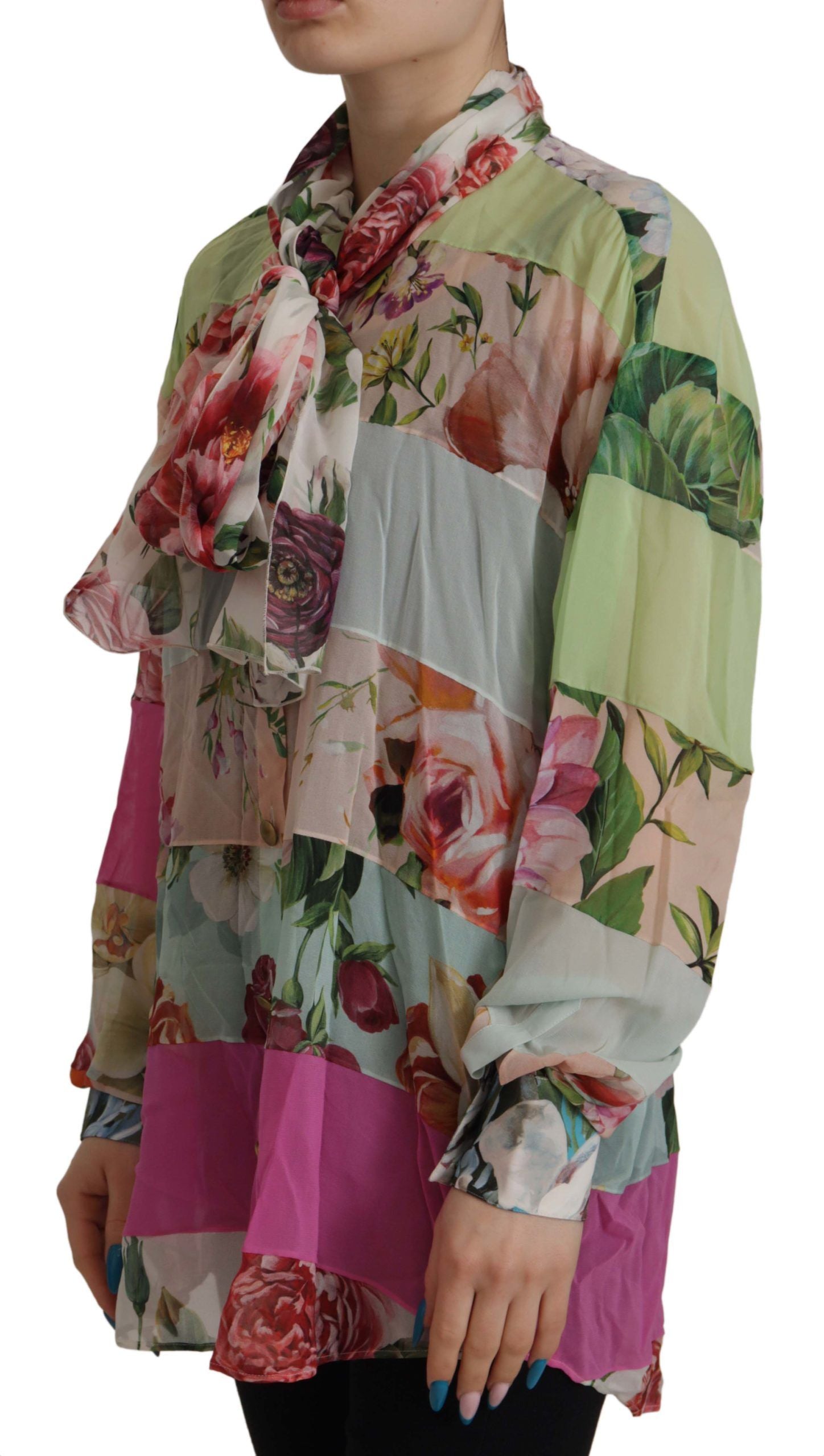 Dolce &amp; Gabbana Multicolor Floral Patchwork Design Ascot Collar Top Blouse