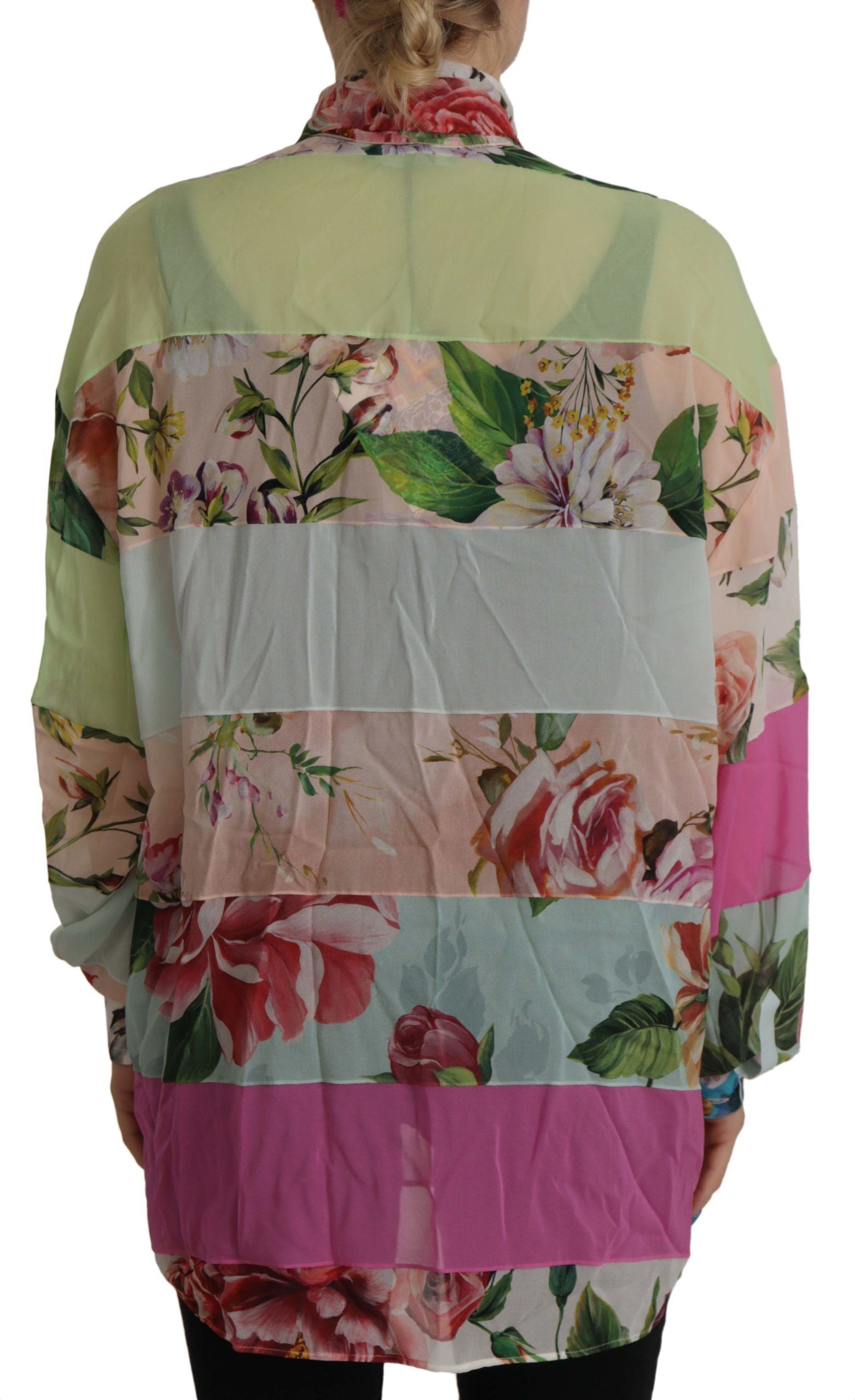 Dolce &amp; Gabbana Multicolor Floral Patchwork Design Ascot Collar Top Blouse