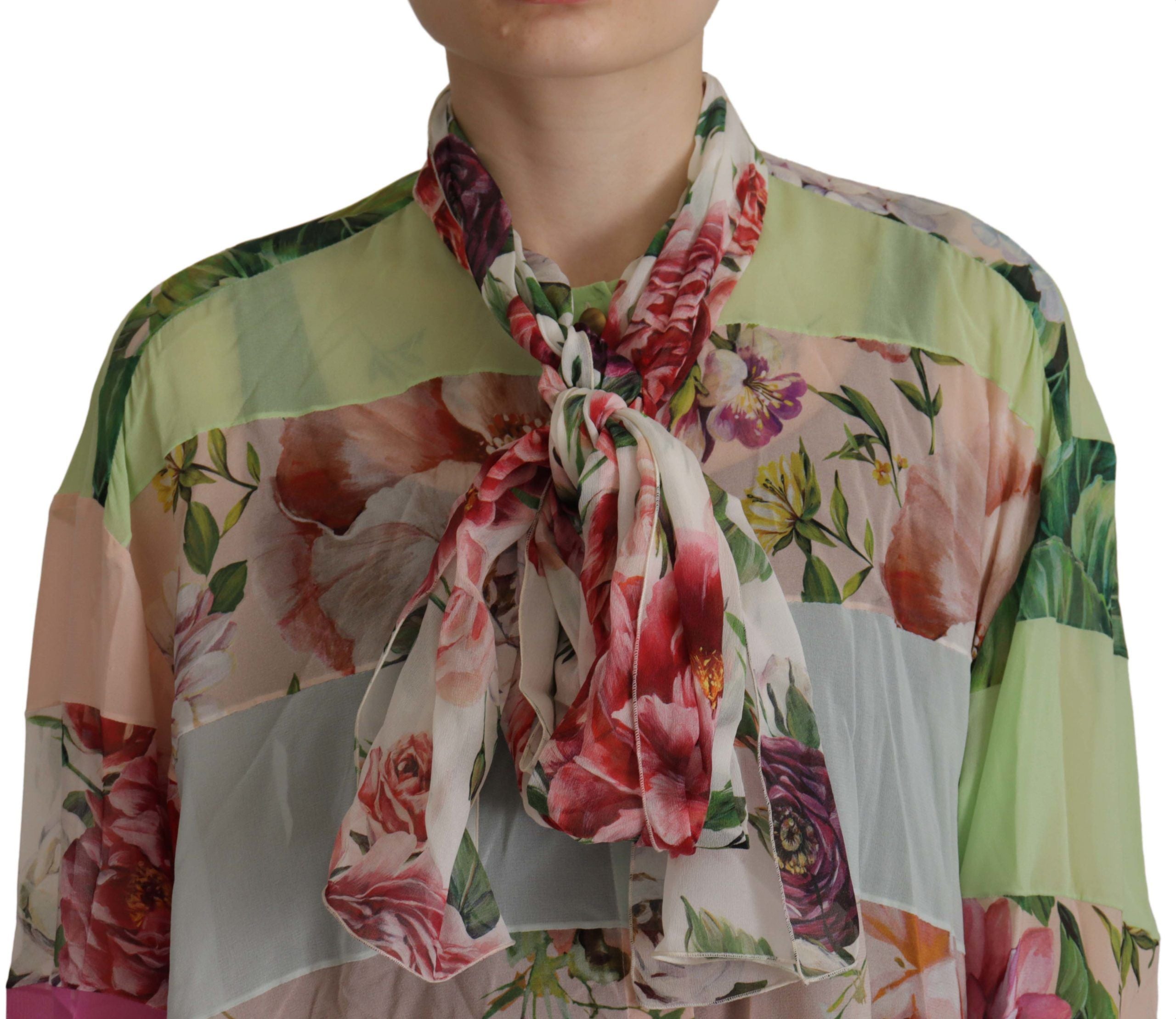 Dolce &amp; Gabbana Multicolor Floral Patchwork Design Ascot Collar Top Blouse