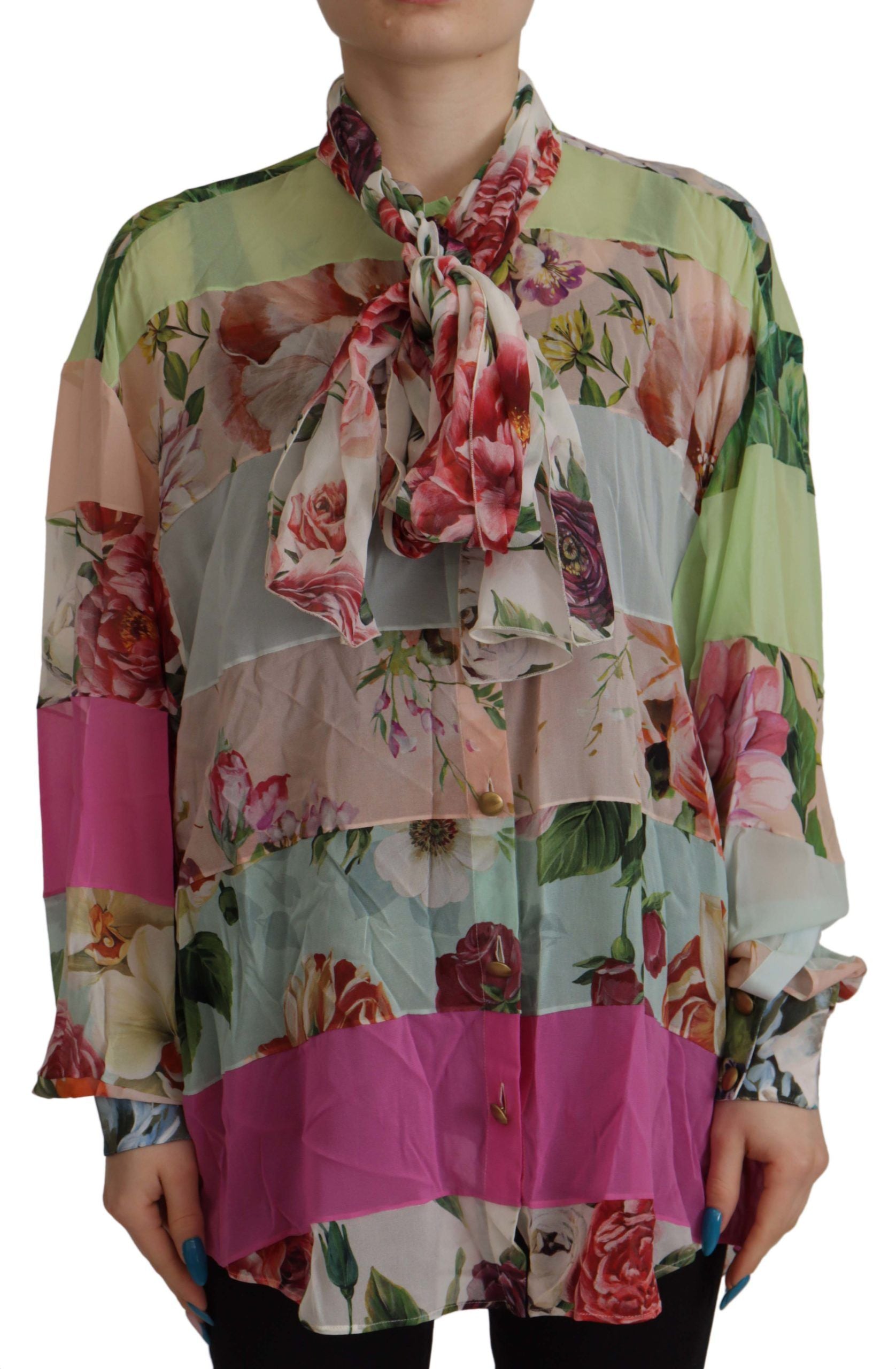 Dolce &amp; Gabbana Multicolor Floral Patchwork Design Ascot Collar Top Blouse