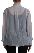 Dolce &amp; Gabbana Light Blue Silk Ascot Collar Long Sleeves Top