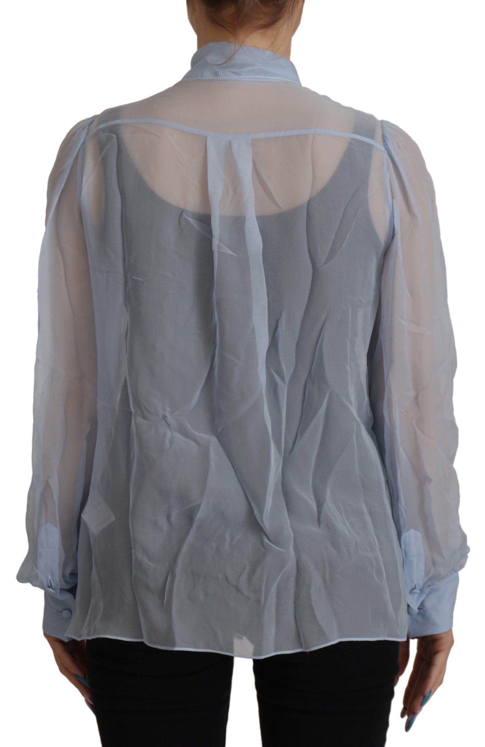 Dolce &amp; Gabbana Light Blue Silk Ascot Collar Long Sleeves Top