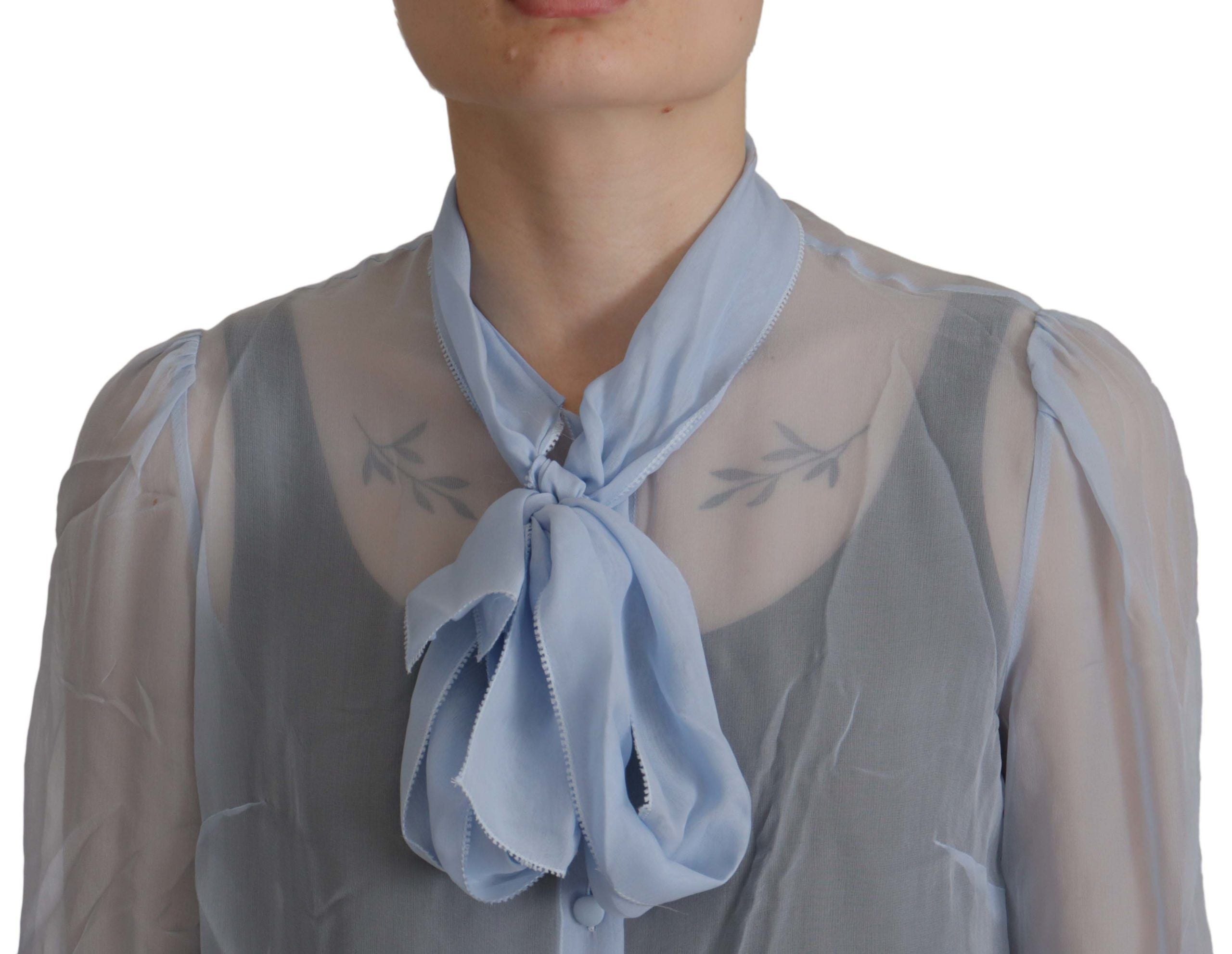 Dolce &amp; Gabbana Light Blue Silk Ascot Collar Long Sleeves Top